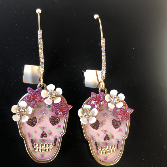 NEW Betsey Johnson Rhinestone Floral Skelton Hoop Earrings/For Halloween - Picture 10 of 16